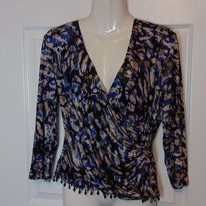 MSK Women's L Metallic Glitter Animal Print Cocktail Blouse Blue Black